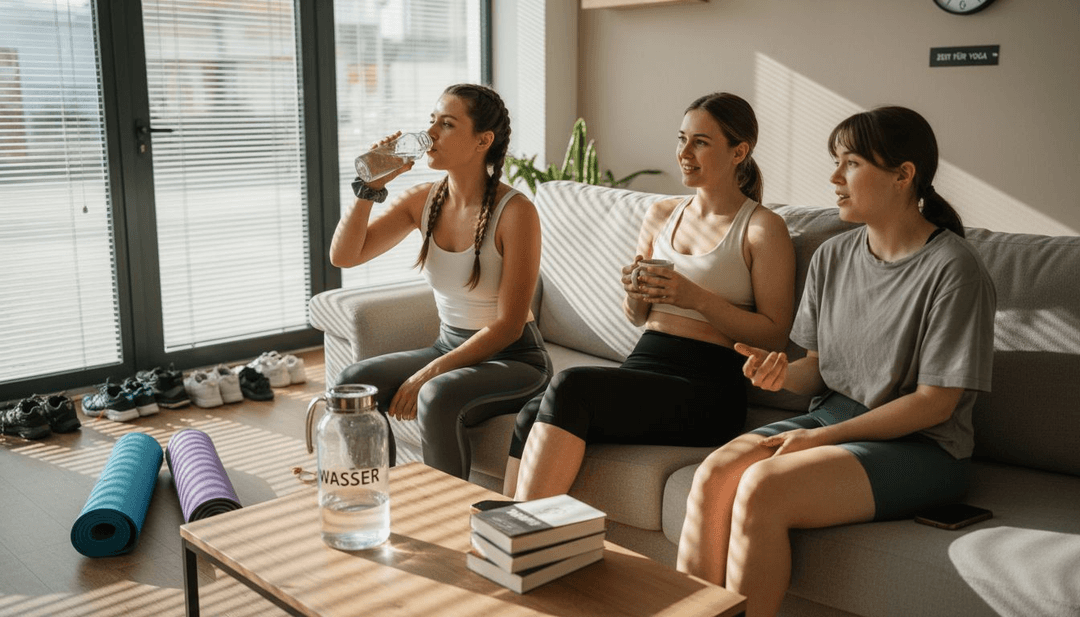 Nach einer entspannten Yoga-Stunde lassen es sich die Frauen in der Lounge des Fitnessstudios gut gehen.