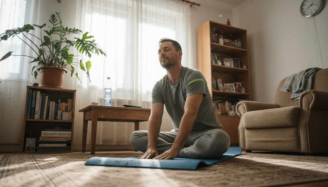 Ein Mann entspannt sich zu Hause mit Dehnübungen, um Stress abzubauen.