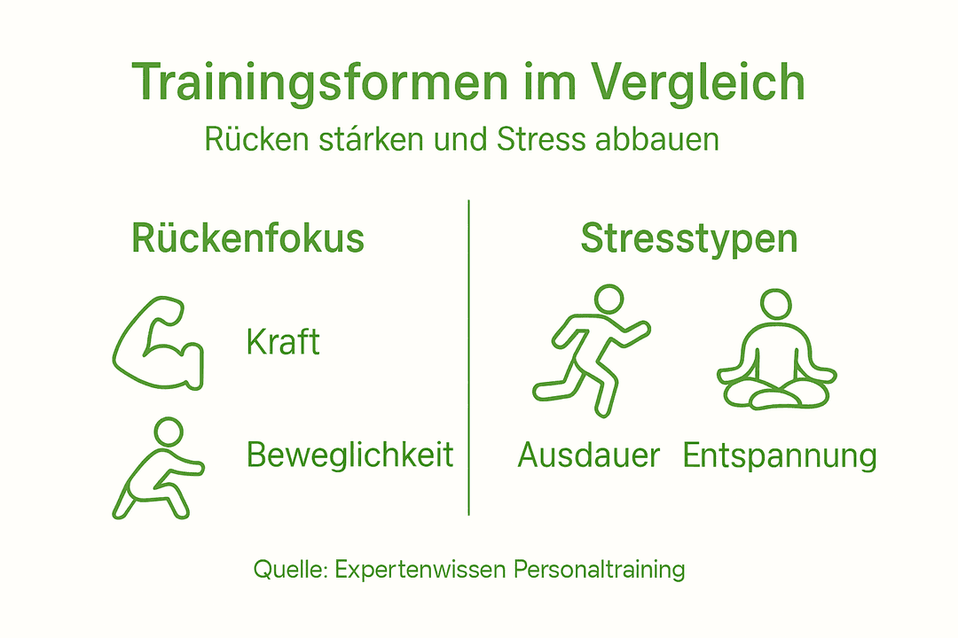 Infografik: Verschiedene Trainingsmethoden im Vergleich – Rückenfitness und Stressbewältigung