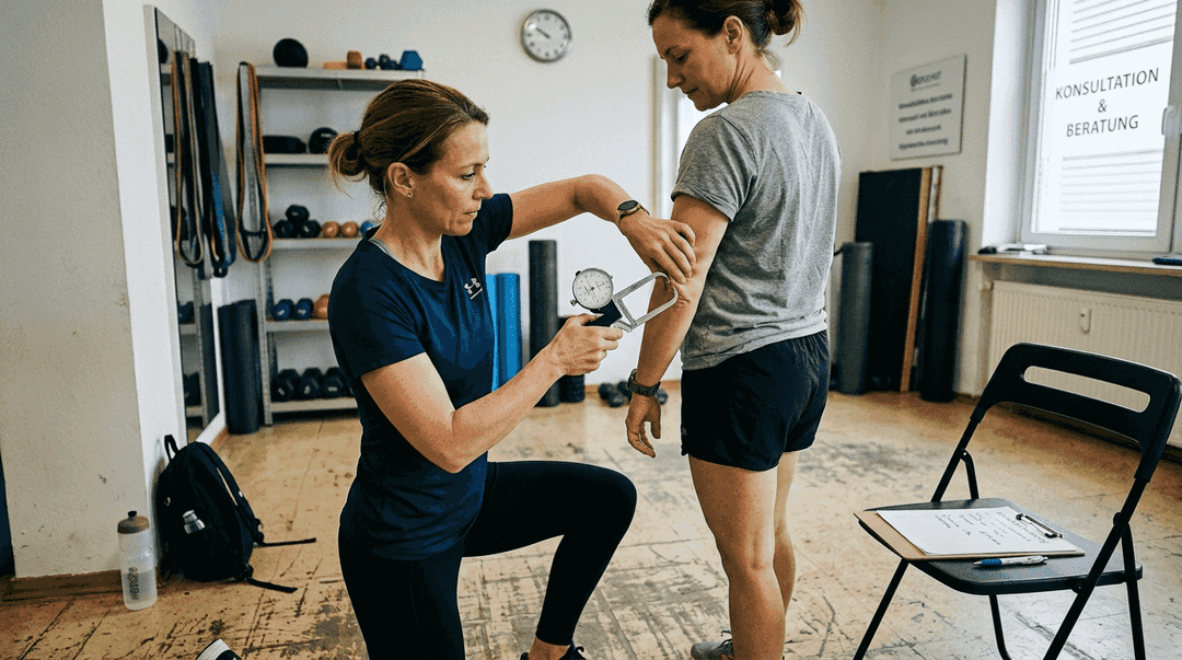 Ein Trainer misst im Fitnessstudio mit einer Fettzange die Hautfalten am Oberarm seines Schützlings.