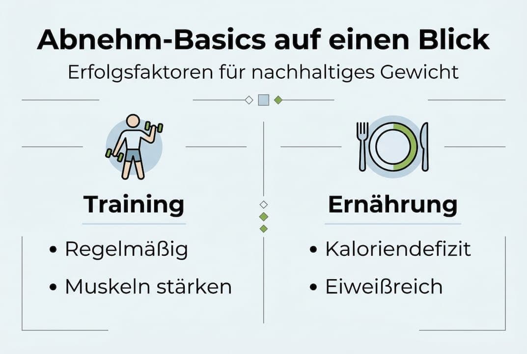 Diese Infografik fasst die wichtigsten Prinzipien für gesundes Abnehmen übersichtlich zusammen.