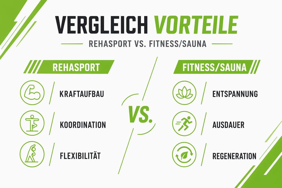 Infografik: Rehasport vs. Fitness & Sauna – Die wichtigsten Vorteile im Vergleich