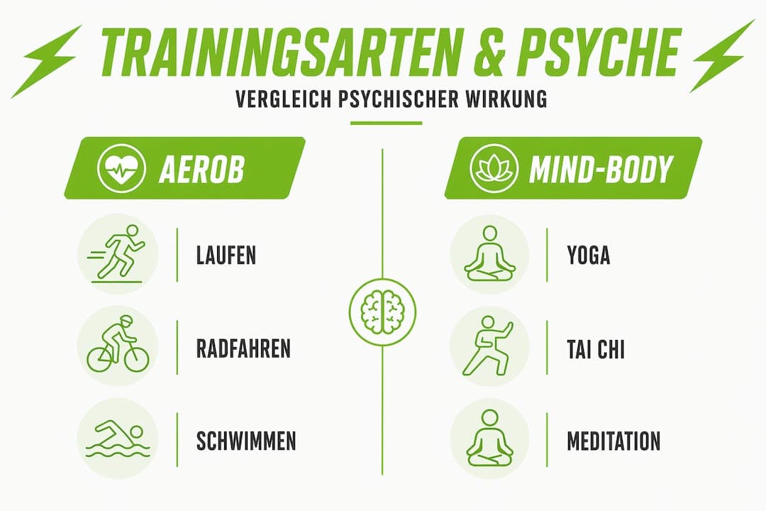 Infografik: Verschiedene Trainingsformen und ihre Auswirkungen auf die Psyche im Vergleich