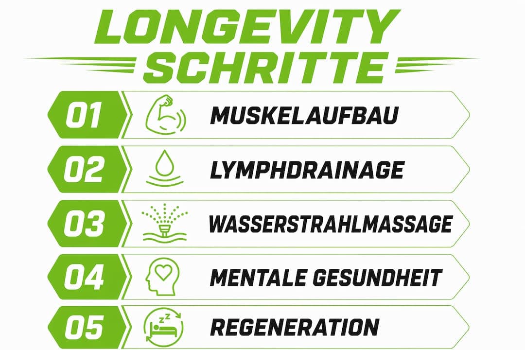 Diese Infografik veranschaulicht, wie Sie Ihre Lebensdauer gezielt verlängern können – Schritt für Schritt zum gesunden Älterwerden.