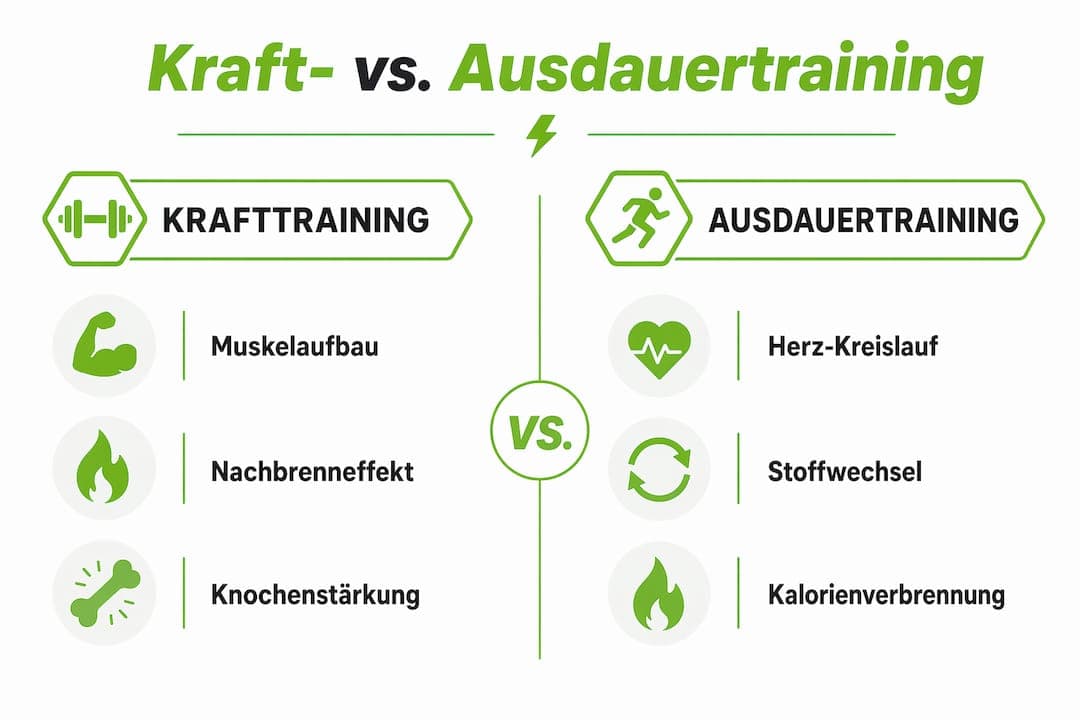 Vergleichende Infografik: Krafttraining vs. Ausdauertraining auf einen Blick