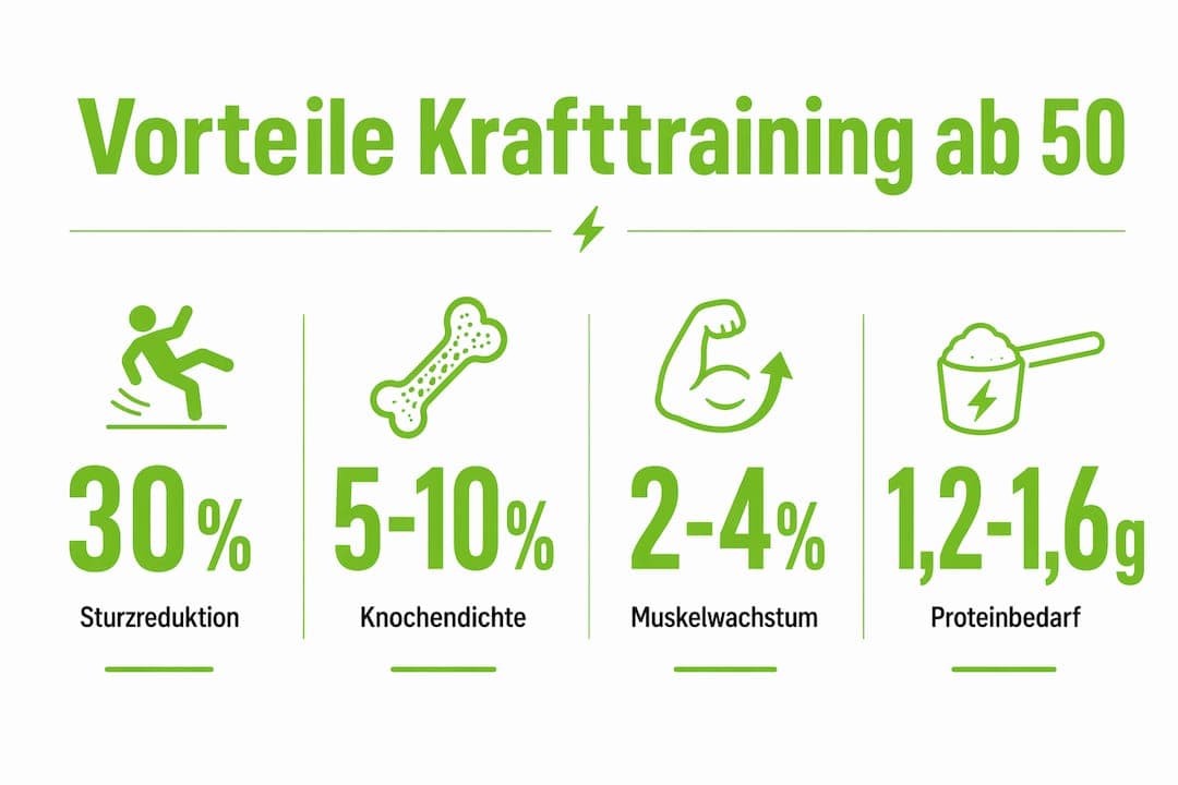 Infografik: Warum Krafttraining ab 50 besonders wertvoll ist – die wichtigsten Vorteile auf einen Blick