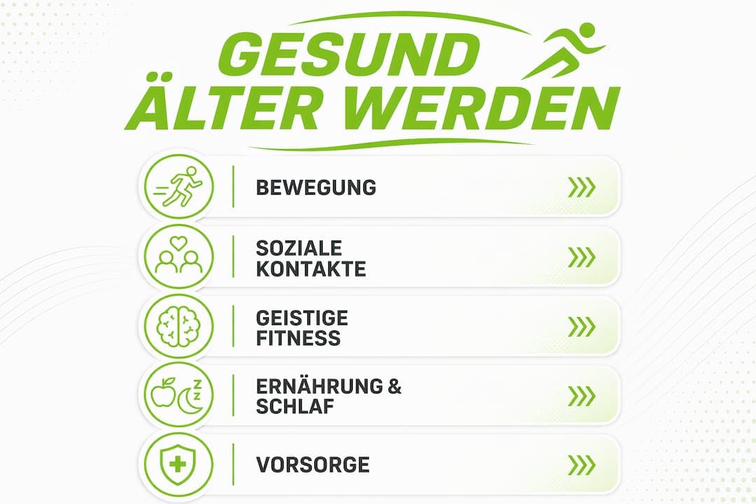Fünf Tipps für ein gesundes Älterwerden – kompakt als Infografik