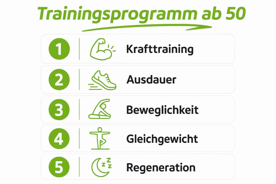 Diese Infografik zeigt ein speziell auf die Bedürfnisse von Menschen ab 50 zugeschnittenes Trainingsprogramm – Schritt für Schritt erklärt.