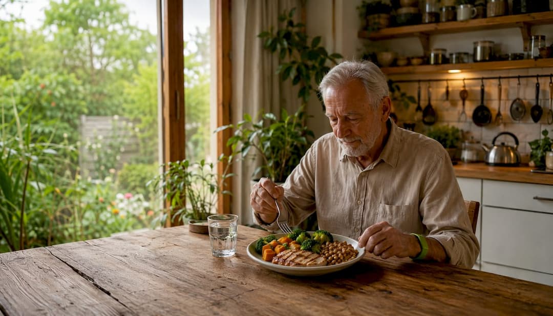 Ein Senior genießt eine eiweißreiche Mahlzeit in seiner Küche.