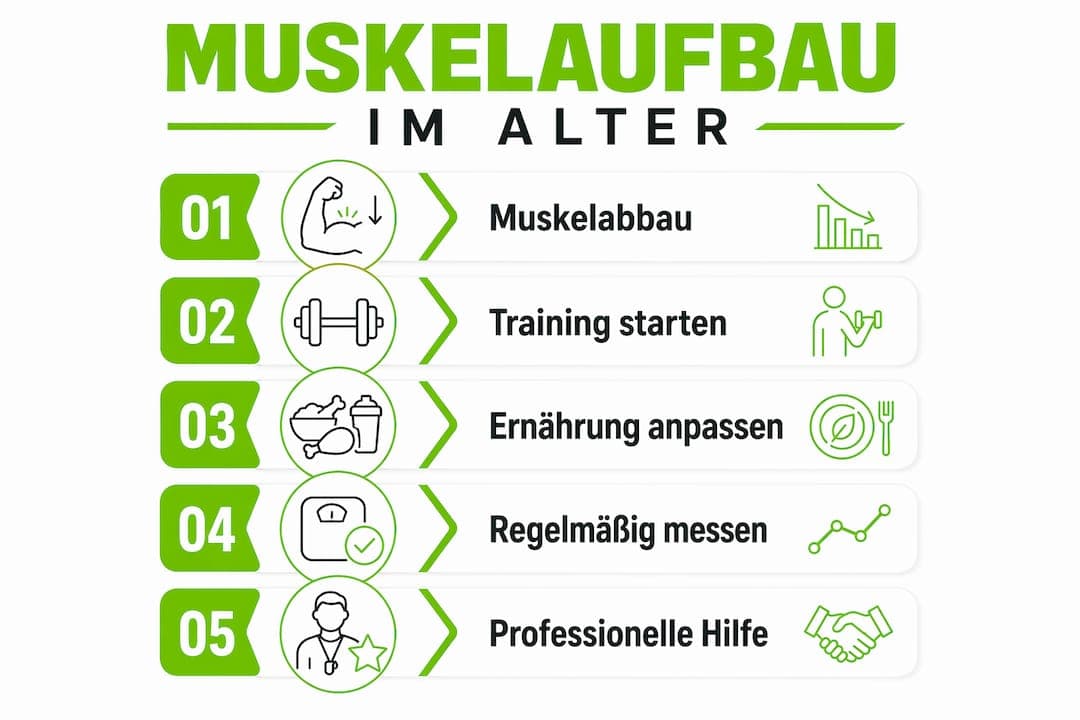 Diese Infografik zeigt, wie Sie auch im höheren Alter gezielt Muskeln aufbauen können – Schritt für Schritt erklärt.